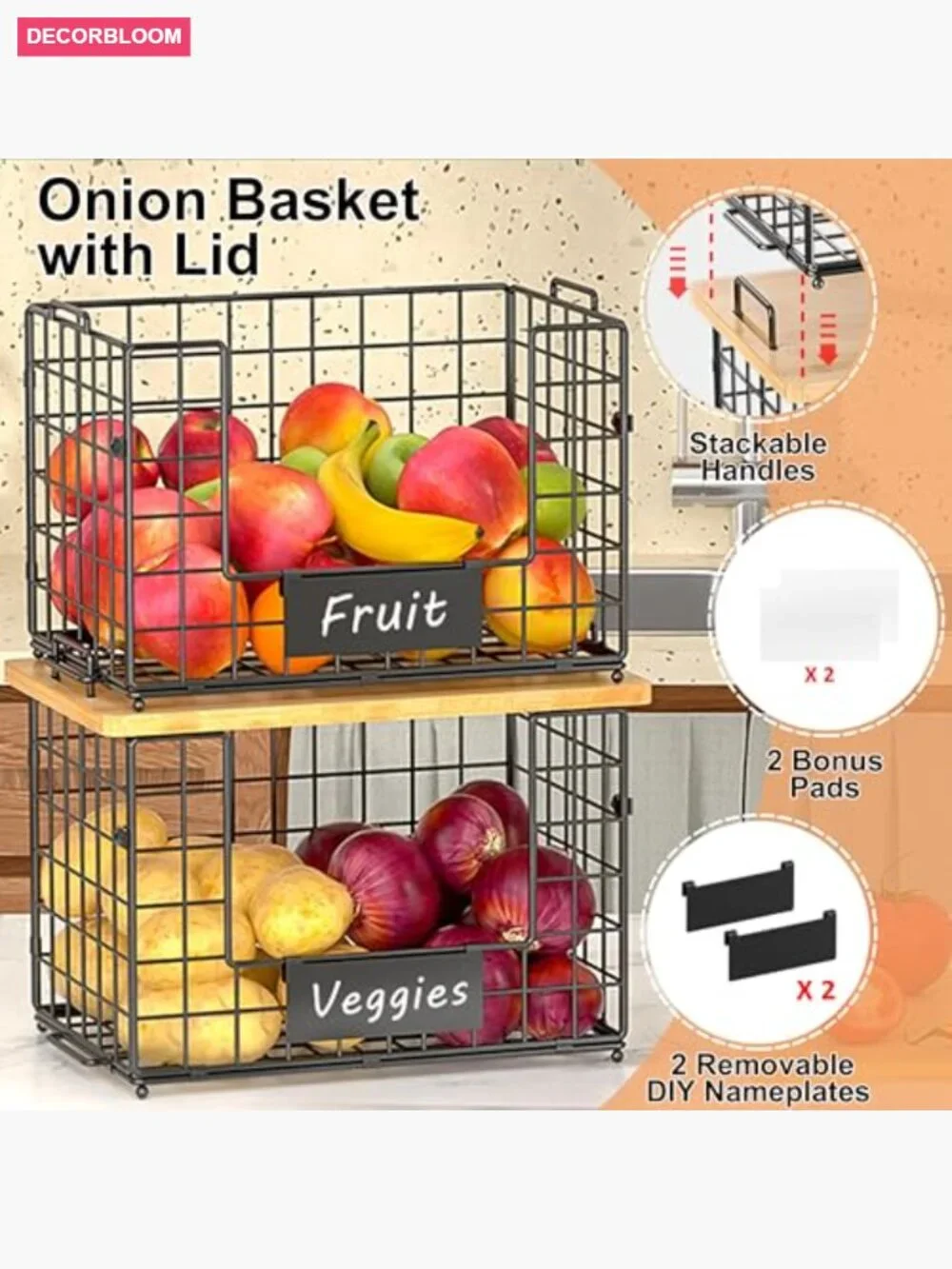 2-Pack Stackable Wire Baskets with Bamboo Top - Kitchen Storage Organizers